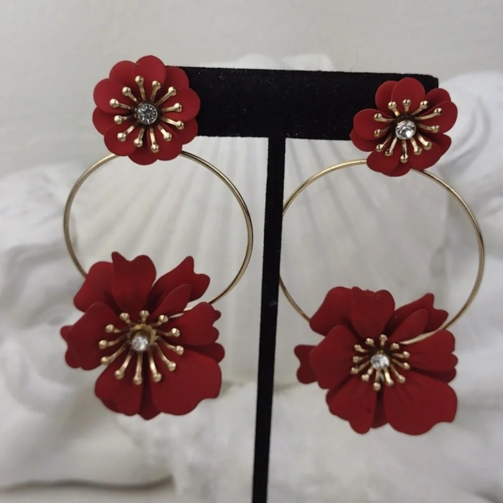 Red Flower Hoop Earrings bold red